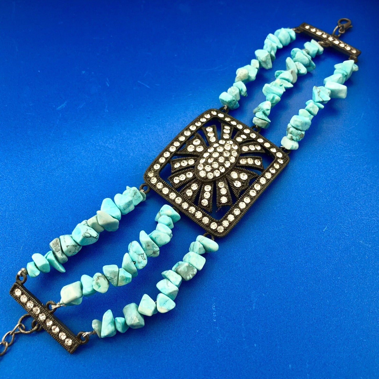 Dark Tone Metal Faux Turquoise Rhinestone Glass Three Strand Statement Bracelet