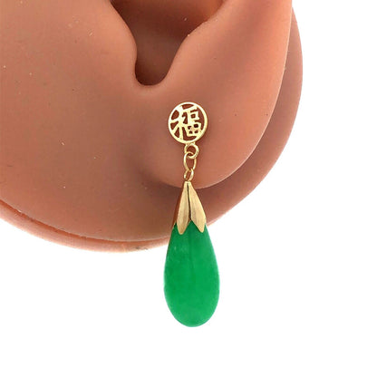Vintage 14K Yellow Gold Teardrop Bright Green Jade Chinese Luck Dangle Earrings