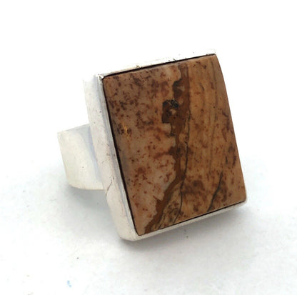 Vintage 925 Sterling Silver Rectangle Brown Jasper Bezel Statement Ring