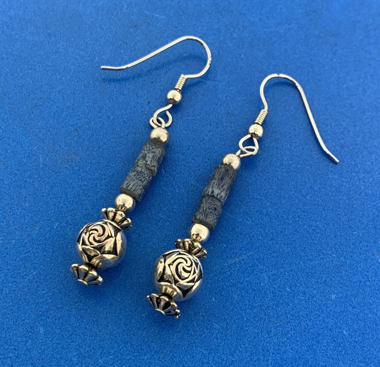 Silver Plated Lapis Lazuli Tubular Beads Rose Scroll Dangle Drop Earrings