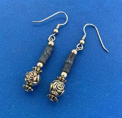 Silver Plated Lapis Lazuli Tubular Beads Rose Scroll Dangle Drop Earrings