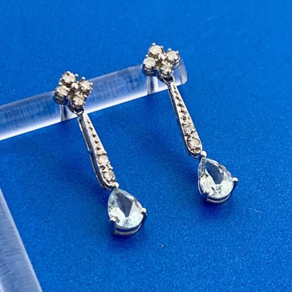 Designer Mexico 14K White Gold Pear Blue Topaz Diamond Accent Dangle Earrings