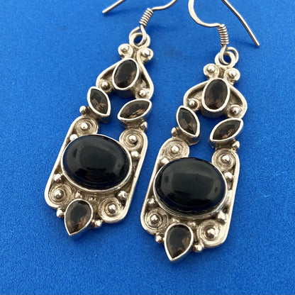 Retro 925 Sterling Silver Black Onyx Smoky Quartz Bead Scroll Dangle Earrings