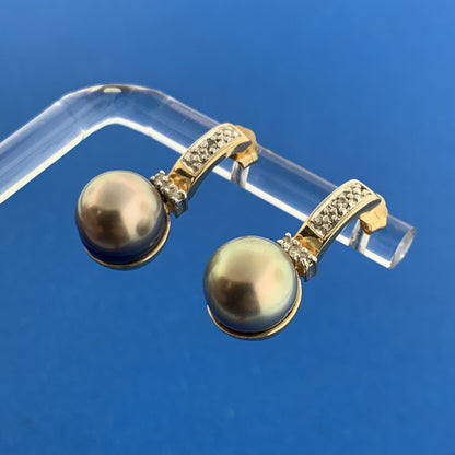 Designer 14k Yellow Gold Gray Pearl Round Diamond Accent Drop Stud Earrings