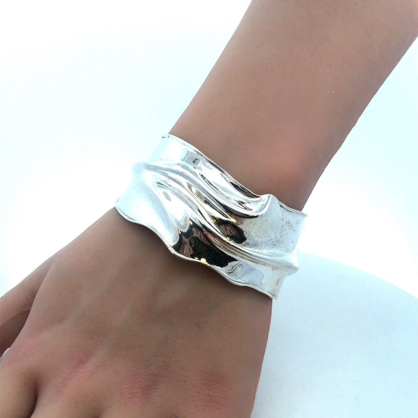 Designer HG 925 Sterling Silver Wave Textured Wide Open Cuff Bracelet
