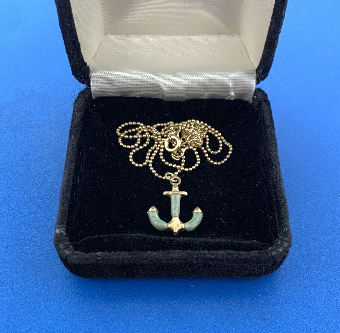 Designer Sheila Fajl Gold Tone Mint Green Anchors Away Beaded Chain Necklace