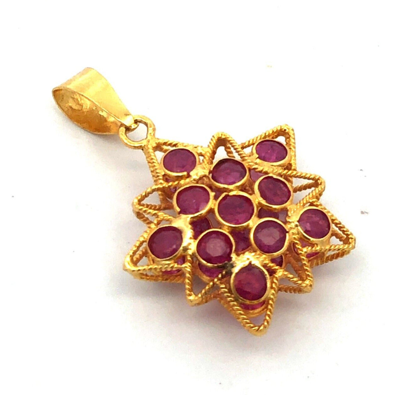 Designer 18K Yellow Gold Round Ruby Cluster Star Snowflake Pendant