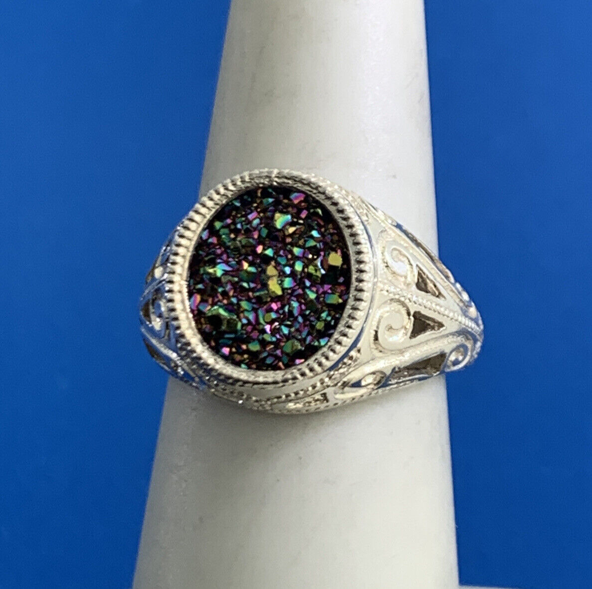 Estate 925 Sterling Silver Drusy Quartz Scroll Open Work Cocktail Ring