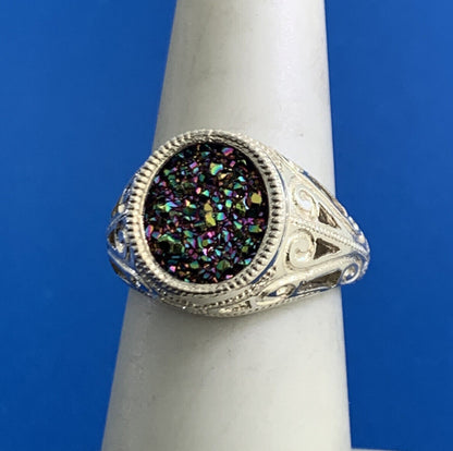 Estate 925 Sterling Silver Drusy Quartz Scroll Open Work Cocktail Ring