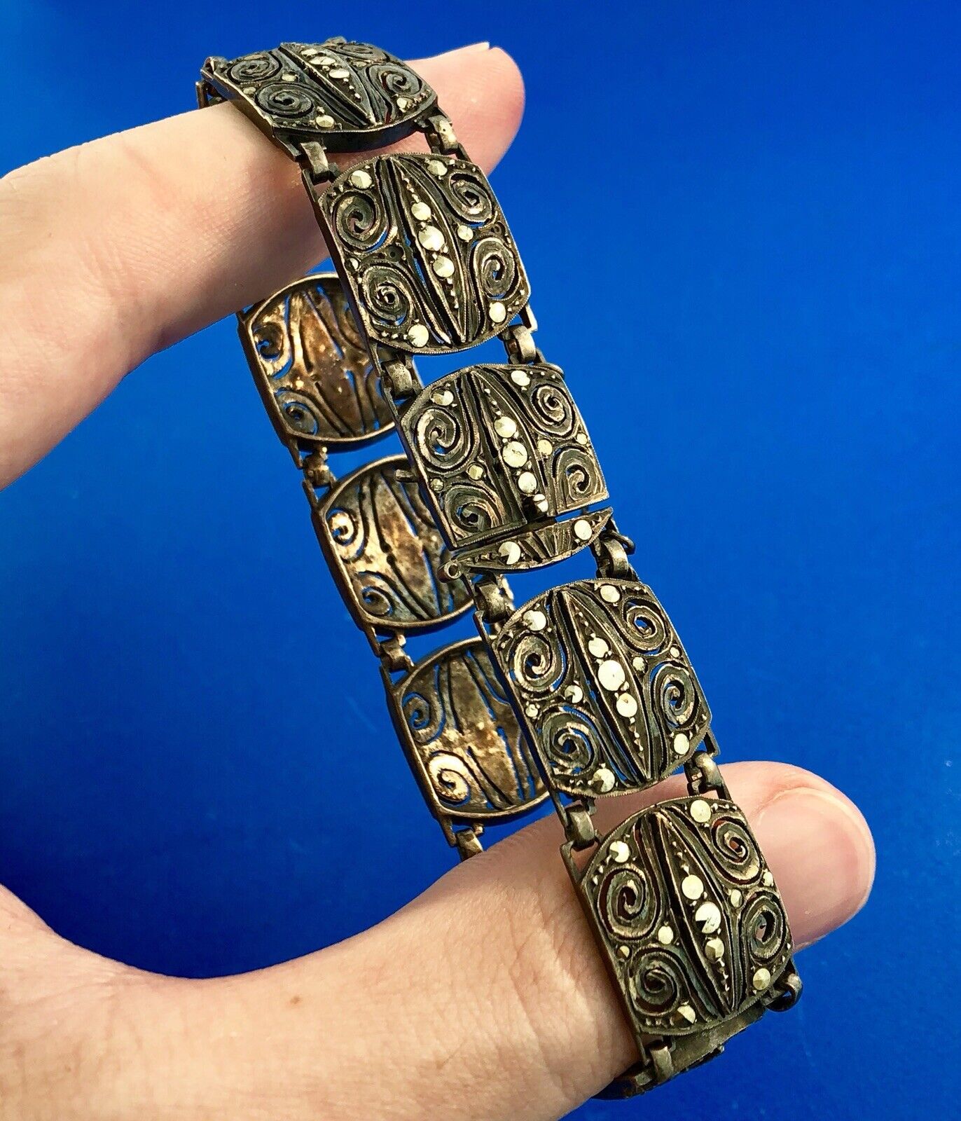 Art Deco Germany 925 Sterling Silver Marcasite Filigree Scroll Panel Bracelet