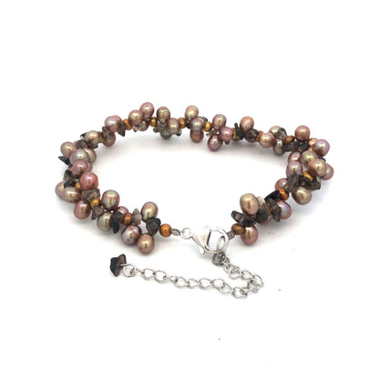 Designer 925 Sterling Silver Bronze Pearl Smoky Topaz Cluster Statement Bracelet