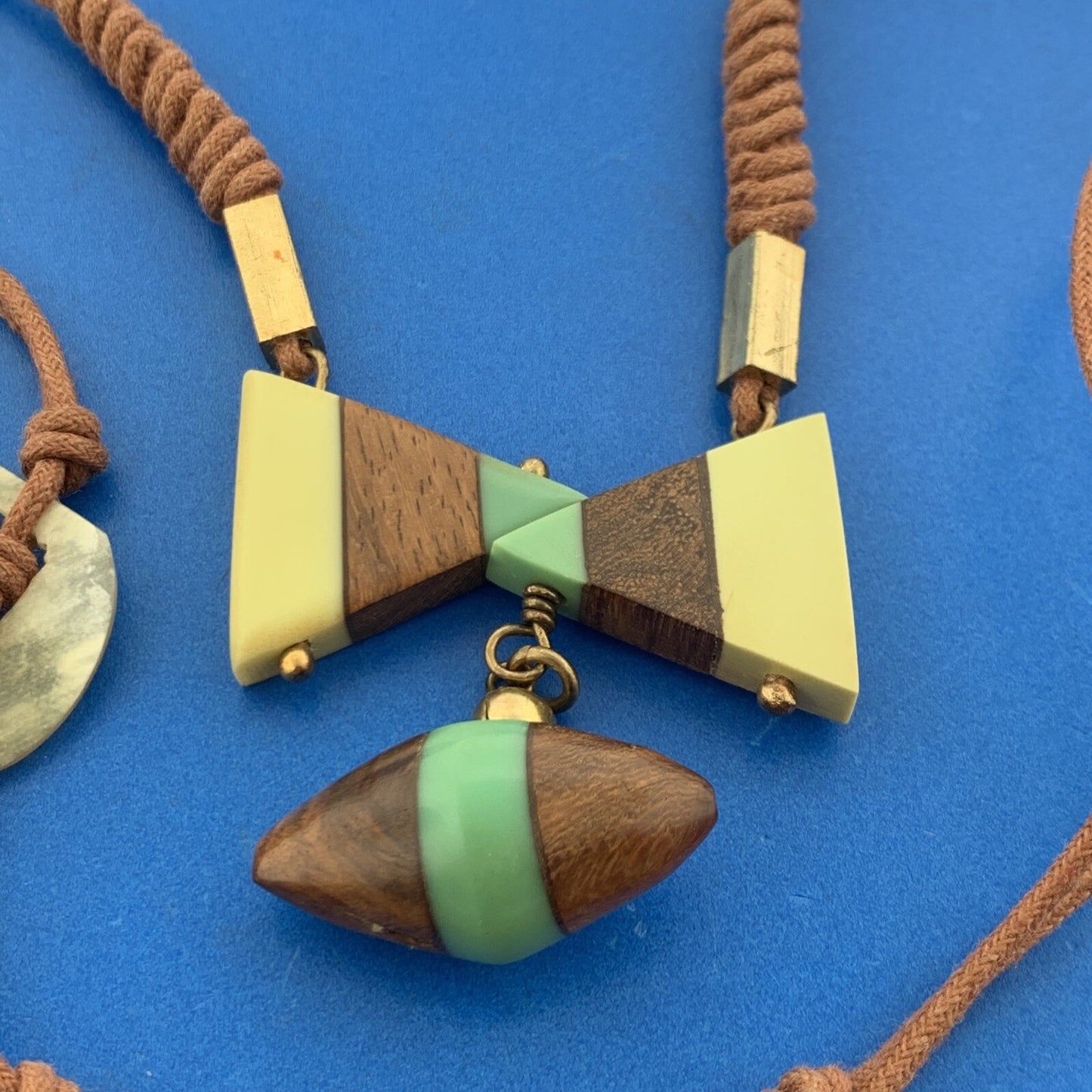 Mid Century Gold Tone Modern Wooden Bakelite Beaded Corded 2 Strand Necklace