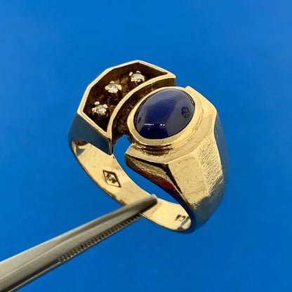 10K Yellow Gold Oval Blue Star Sapphire Diamond Accented Unisex Evil Eye Ring