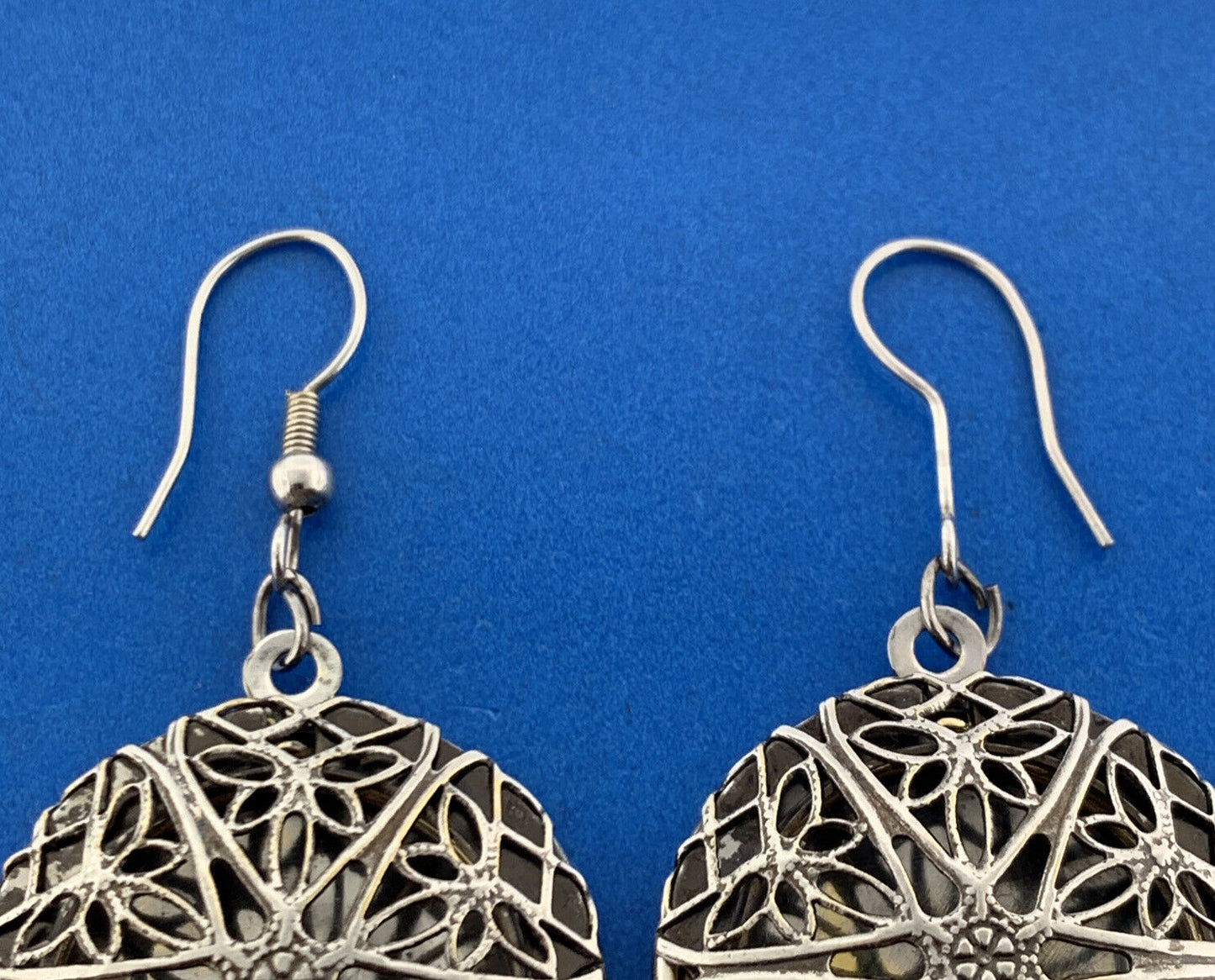 Vintage Silver Tone Balinese Filigree Perfume Photo Locket Drop Dangle Earrings