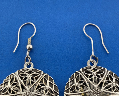 Vintage Silver Tone Balinese Filigree Perfume Photo Locket Drop Dangle Earrings