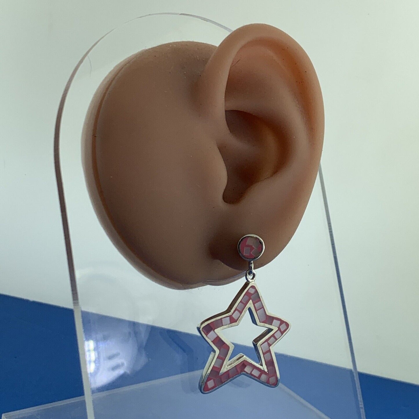 Designer Sterling Silver Mother Of Pearl Inlay Pink Enamel Star Dangle Earrings