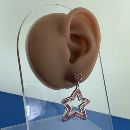 Designer Sterling Silver Mother Of Pearl Inlay Pink Enamel Star Dangle Earrings