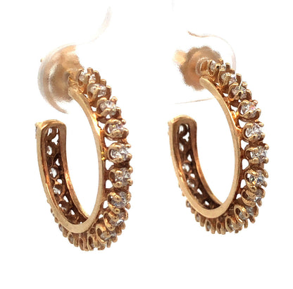 Estate 14K Yellow Gold Round Cubic Zirconia CZ 7/8" Hoop Stud Earrings