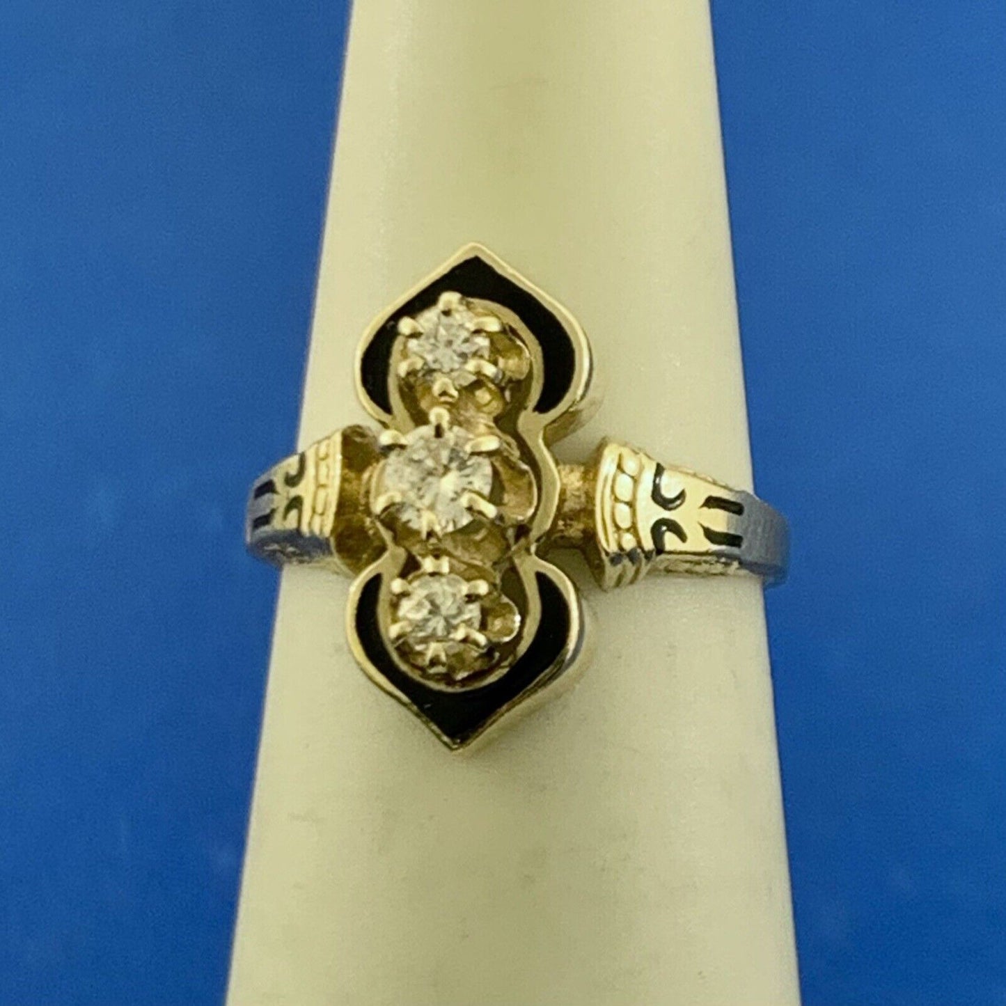 Designer Vintage Art Deco 14K Yellow Gold Diamond Black Enamel Cocktail Ring