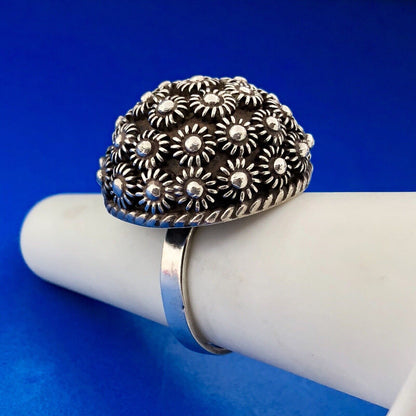 Vintage Taxco Mexico 925 Sterling Silver Floral Mushroom Cap Dome Statement Ring