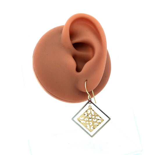 Designer 14K Yellow White Gold Open Scroll Square Dangle Hook Earrings