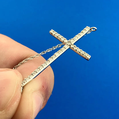 Designer 14K White Gold Diamond Bar Cross Religious Communion Easter Necklace