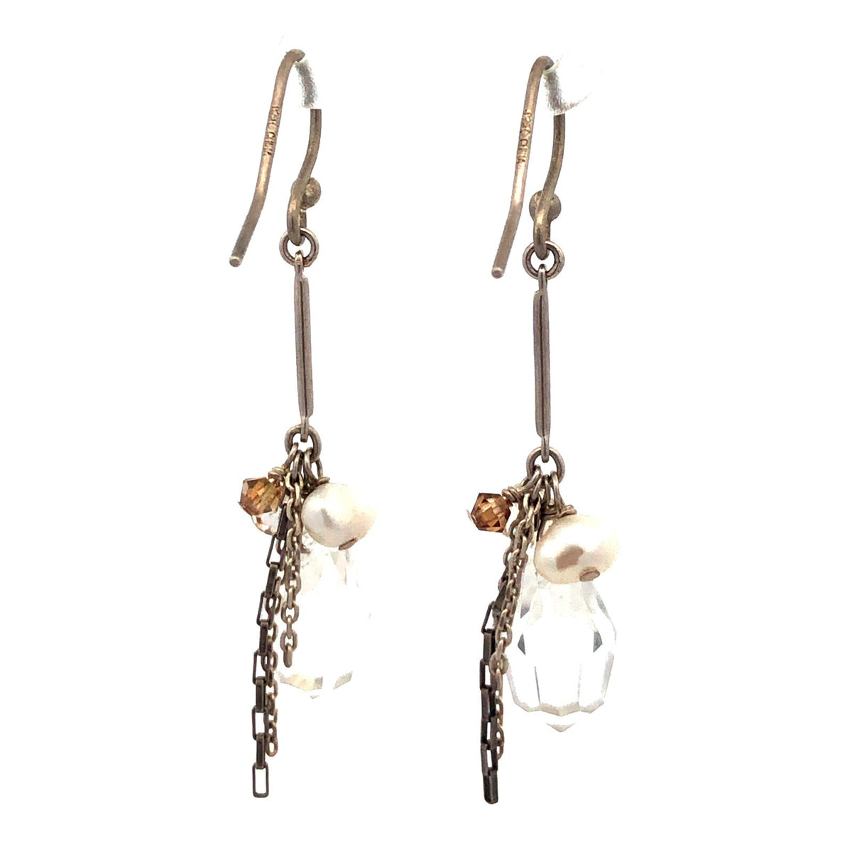 Designer 925 Sterling Silver Crystal Pearl Chain Cluster Dangle Hook Earrings