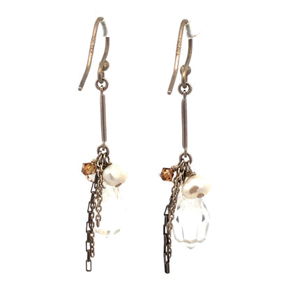 Designer 925 Sterling Silver Crystal Pearl Chain Cluster Dangle Hook Earrings