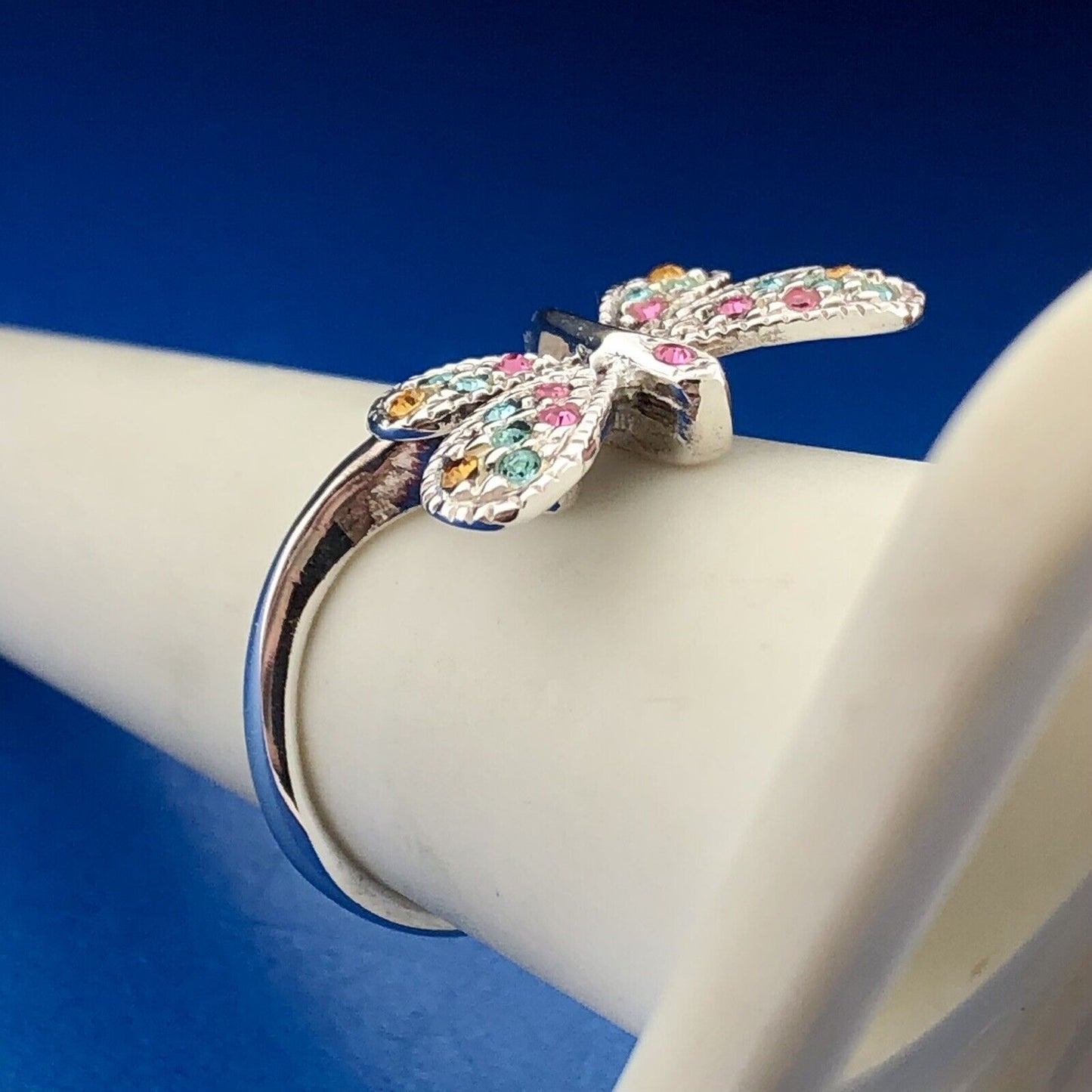 Modernistic Sterling Silver Pink Blue Yellow Cubic Zirconia CZ Butterfly Ring
