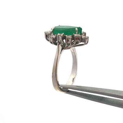 Vintage 18K White Gold Pear Natural Emerald Diamond Halo May Cocktail Ring