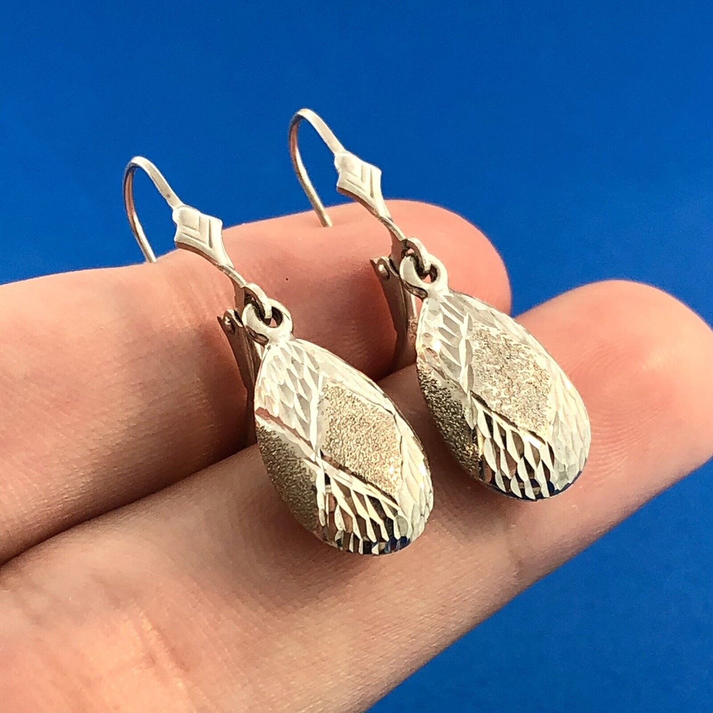 Retro SLC 14K White Gold Diamond Cut Polished Brushed Pear Drop Dangle Earrings