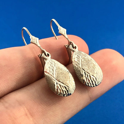 Retro SLC 14K White Gold Diamond Cut Polished Brushed Pear Drop Dangle Earrings