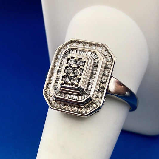 Art Deco Art Nouveau 10K White Gold Diamond 3 Tiered Domed Cocktail Ring