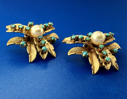 Vintage 14K Yellow Gold Pearl Turquoise Leaf Design Statement Clip Earrings
