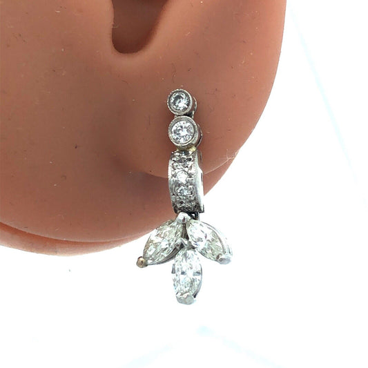 Designer 14K White Gold Diamond Floral Cluster Dangle Pierced Stud Earrings