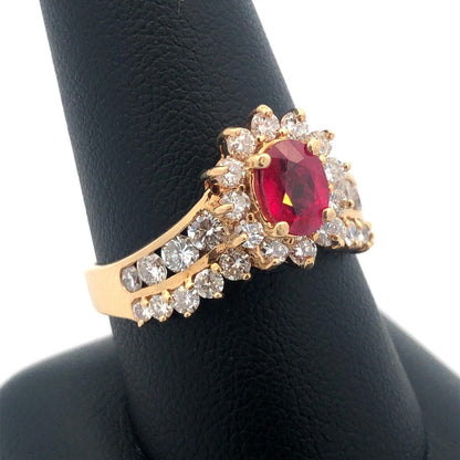 14K Yellow Gold Oval Ruby Diamond Engagement July Bday Cocktail Statement Ring