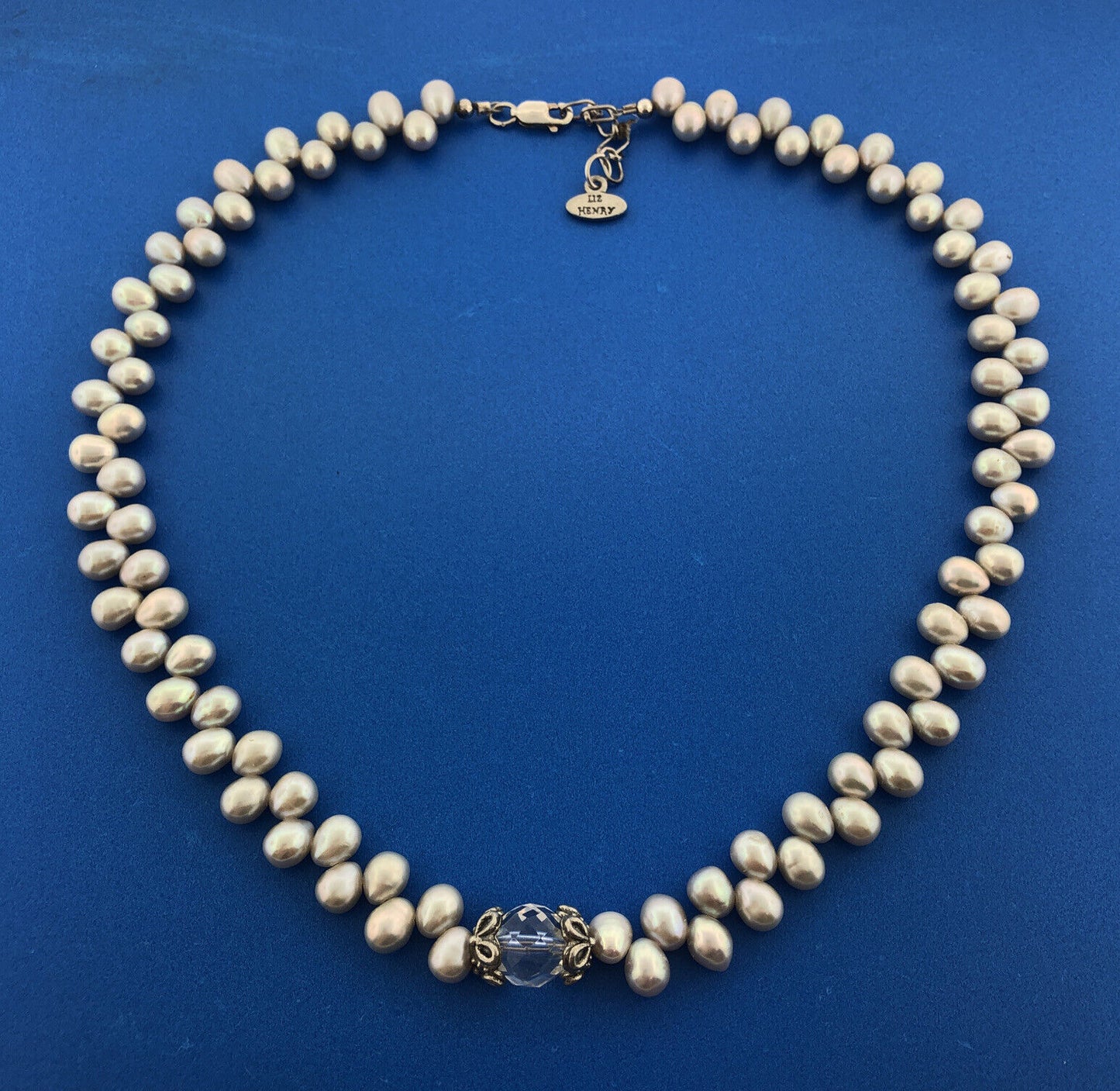 Designer Liz Henry 925 Sterling Silver Pearl Crystal Choker Necklace