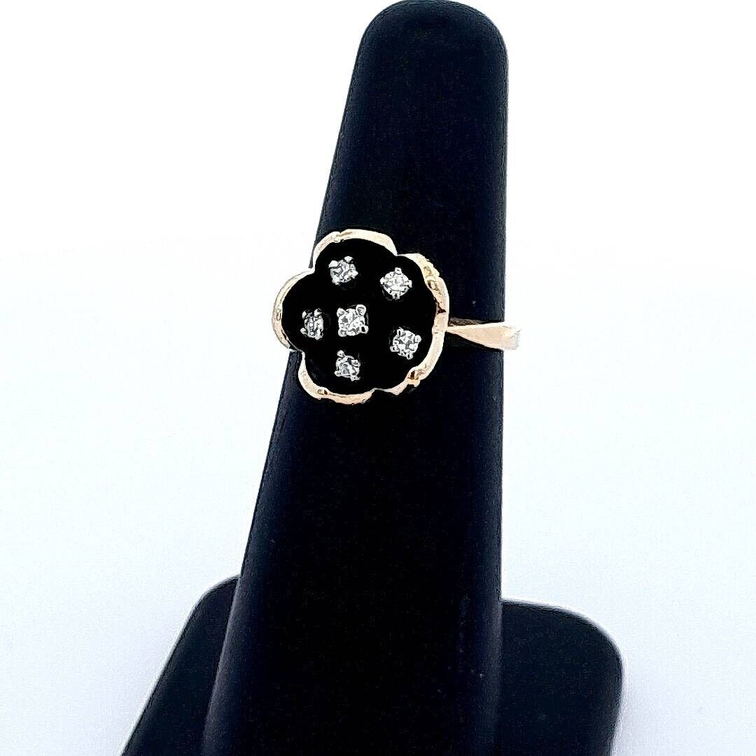 Art Deco Style Estate 14K Yellow Gold Diamond Black Enamel Flower Floral Ring