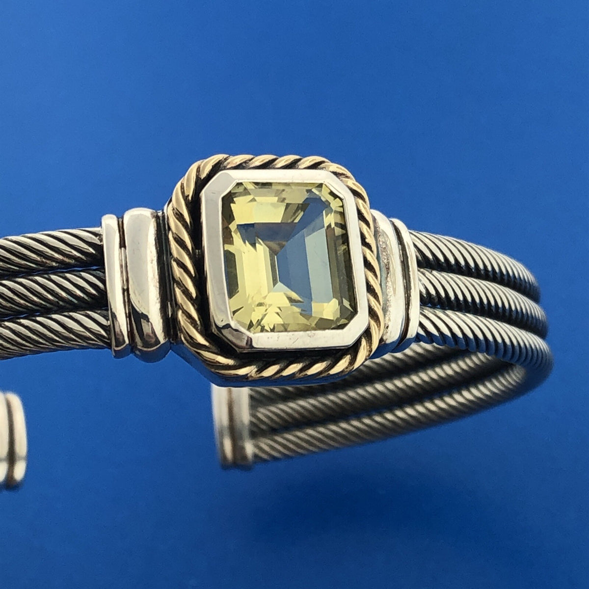 Designer CNA 925 Sterling Silver 14K Green Amethyst Cable Cuff Bracelet