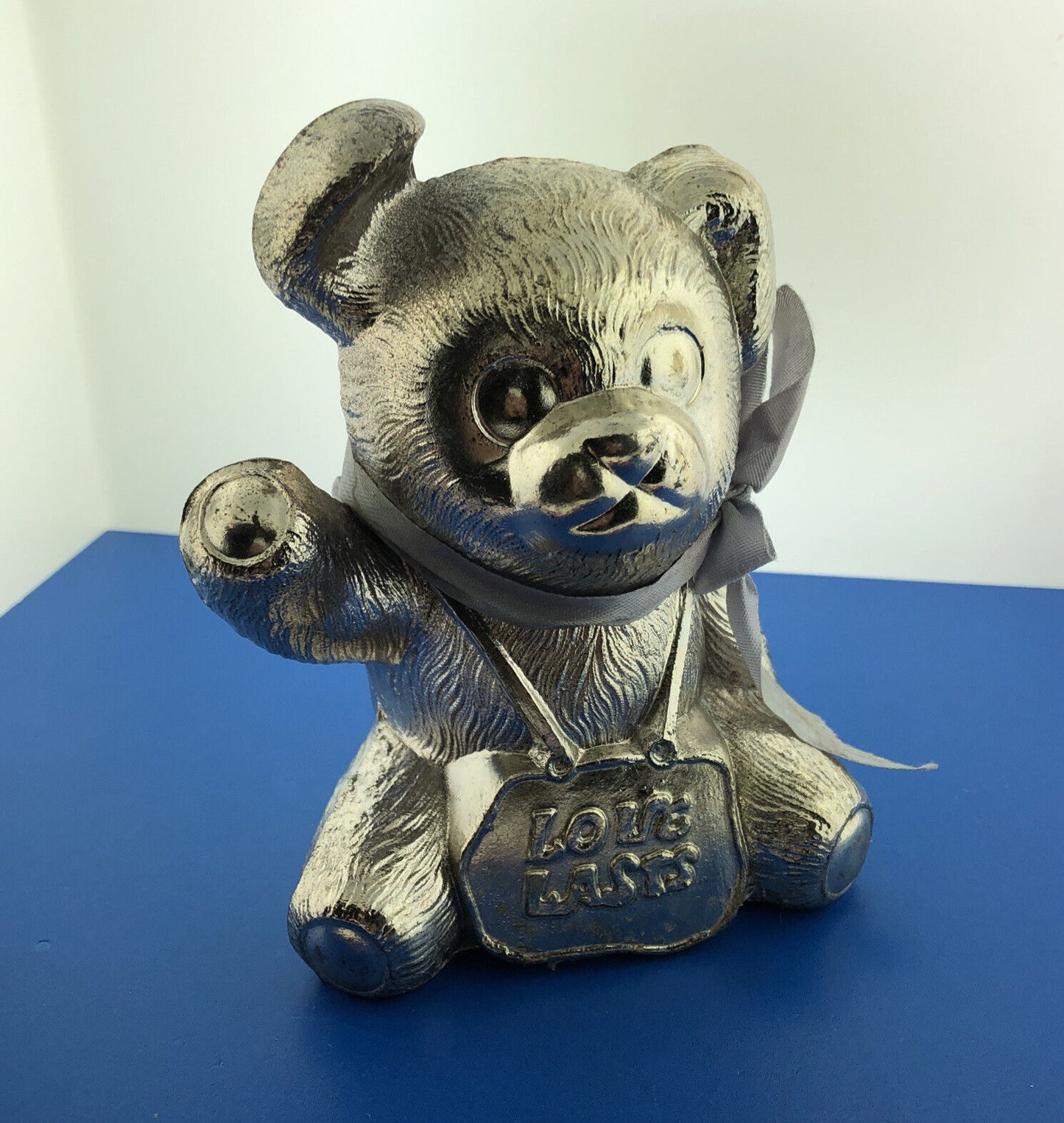 Vintage Silverplate Teddy Bear Love Lasts Blue Ribbon Money Coin Bank
