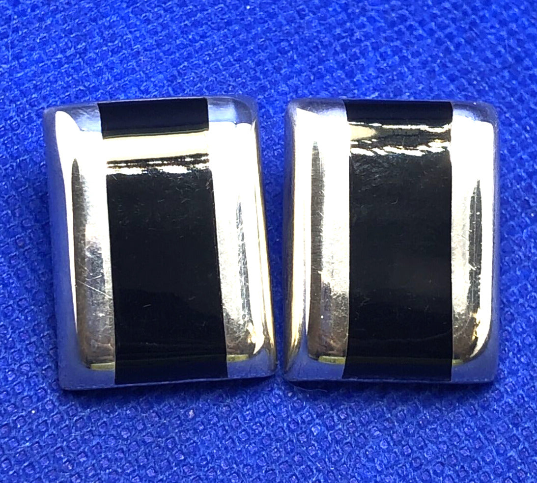 Designer ATI 925 Sterling Silver Black Onyx Rectangle Statement Stud Earrings