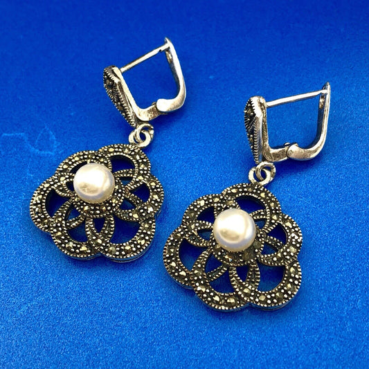 Vintage 925 Sterling Silver Pearl Marcasite Floral Openwork Drop Dangle Earrings