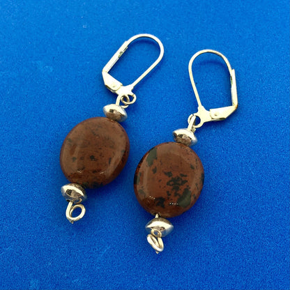 Lovely Silver Toned Brown Black Cabochon Agate Leverback Dangle Earrings