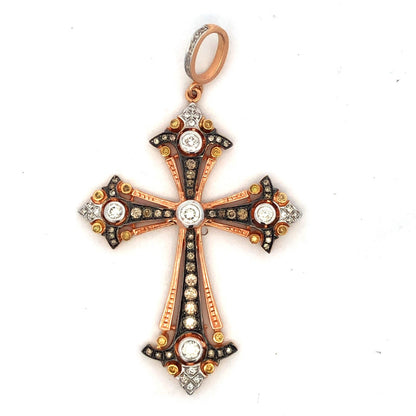 Designer 18K Rose Gold Round White Chocolate Yellow Diamond Large Cross Pendant