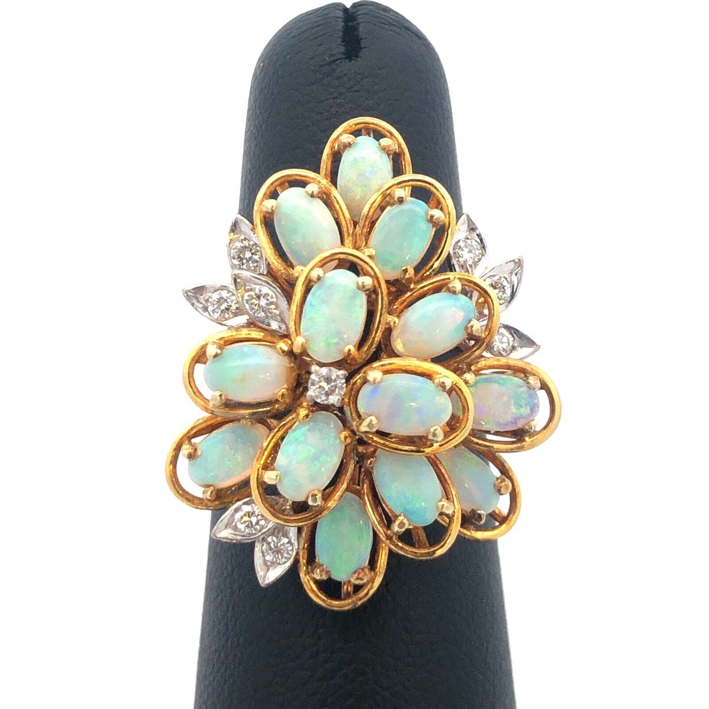 Lovely 14k Yellow Gold Opal Diamond Accent Floral Cluster Freeform Ring