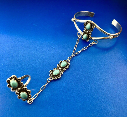Native American Artisan CM Sterling Silver 925 Turquoise Slave Cuff Bracelet