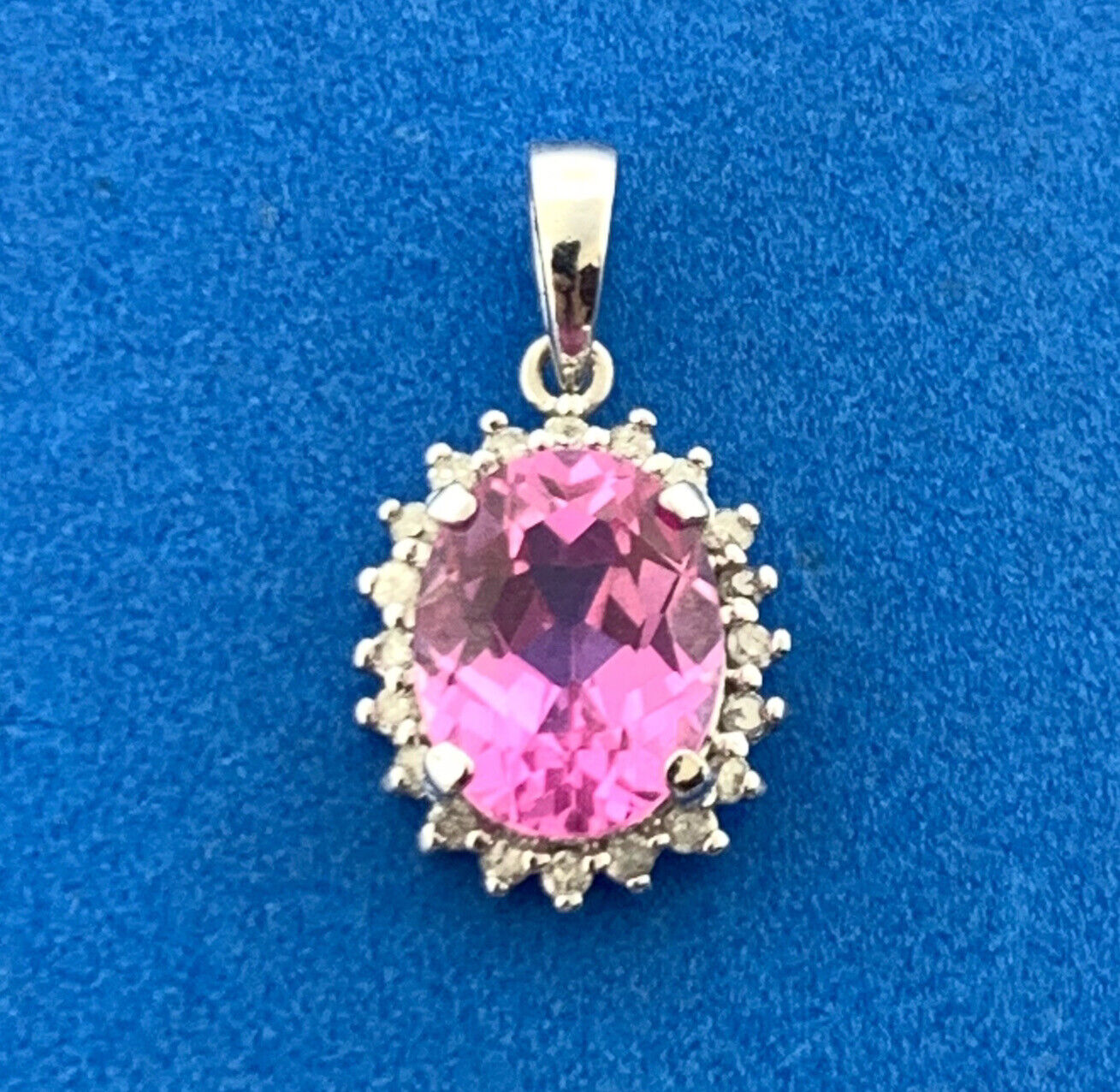 Designer 14K White Gold Oval Pink Sapphire Diamond Halo Custom Dangle Pendant