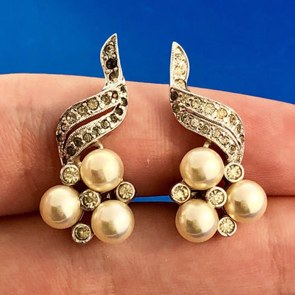 Polcini Signed Silver Tone Rhinestone Faux Pearl Modernist Bouquet Clip Earrings