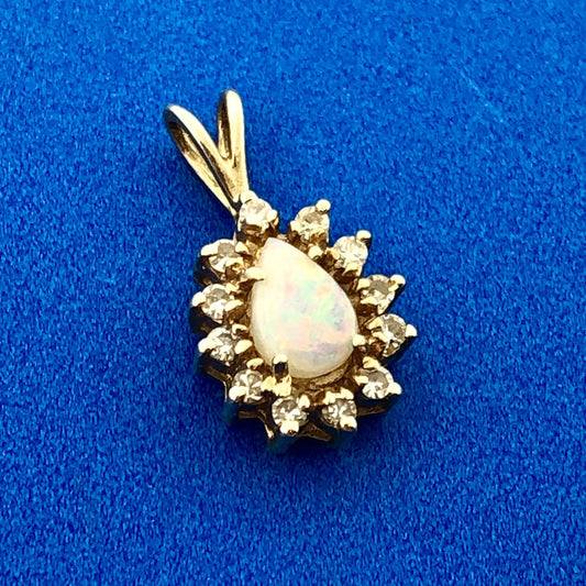 Solid 14K Yellow Gold Pear Shaped Opal Diamond Halo Charm Pendant