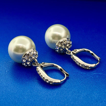 Elegant Silver Tone Faux Pearl Cubic Zirconia Drop Dangle Ball Earrings